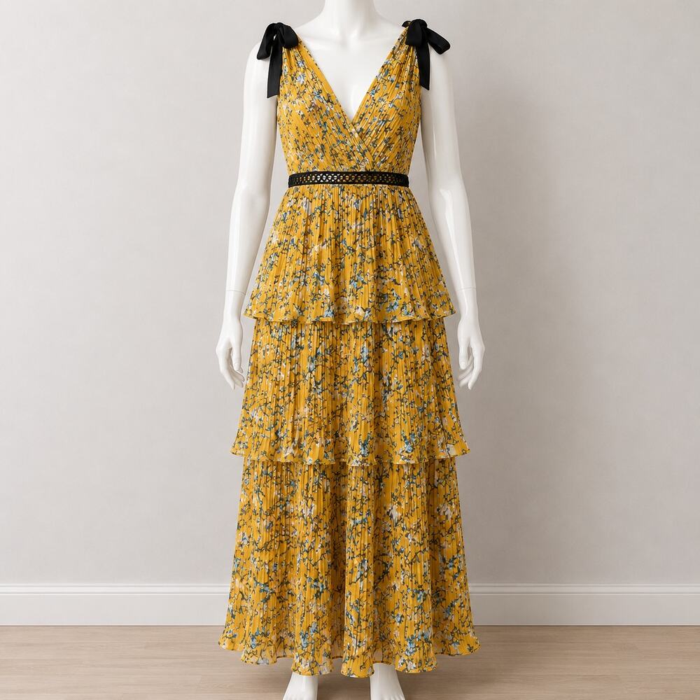 Lulus Mustard Floral Pleated Maxi Dress Women’s Medium Tiered Sleeveless- M